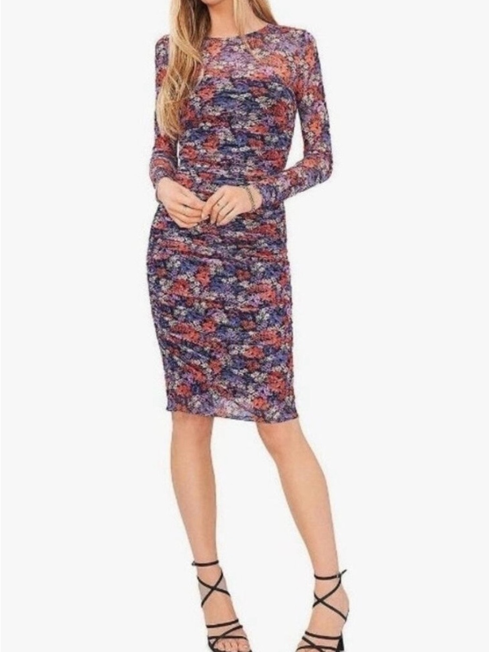 1.STATE Floral Mesh Ruched Midi Dress Long Sleeve Black Multi Size Large